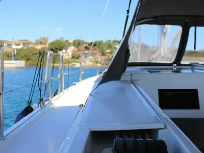 Deck of Amaryllis, a Bavaria C45 Style sailboat at Lavrion, Greece