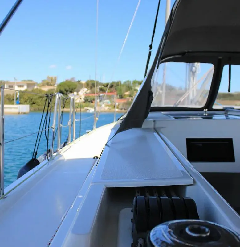 Deck of Amaryllis, a Bavaria C45 Style sailboat at Lavrion, Greece