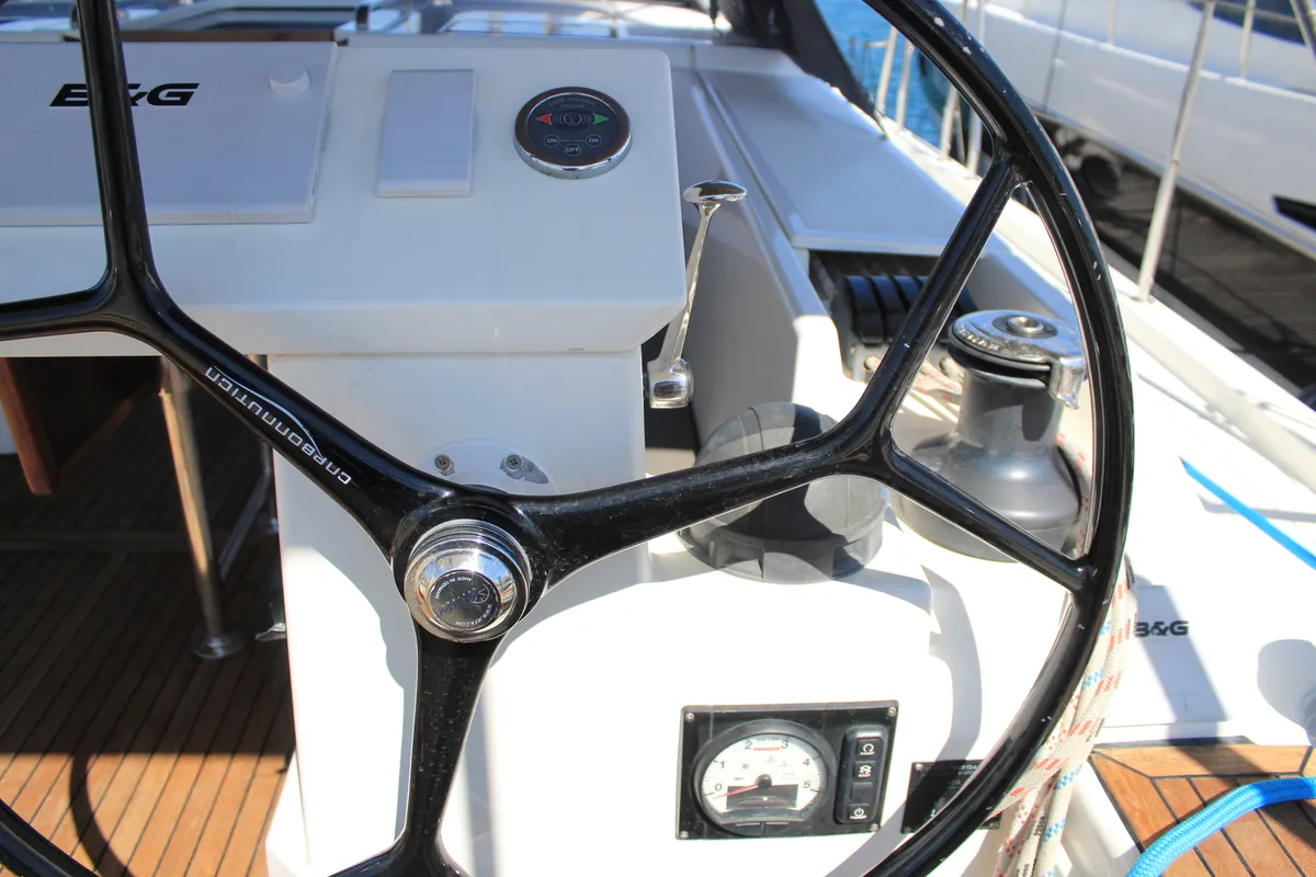 Cockpit of Amaryllis, a Bavaria C45 Style sailboat at Lavrion, Greece