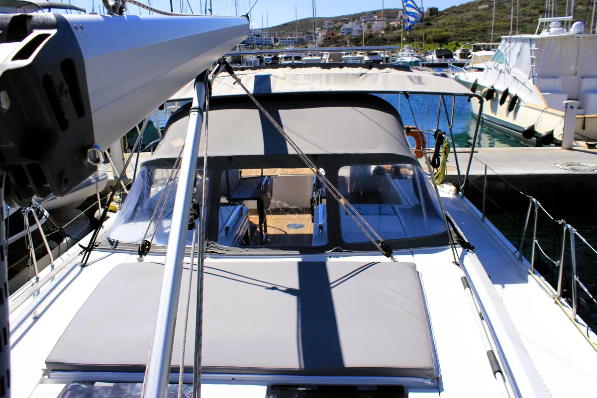 Deck of Amaryllis, a Bavaria C45 Style sailboat at Lavrion, Greece