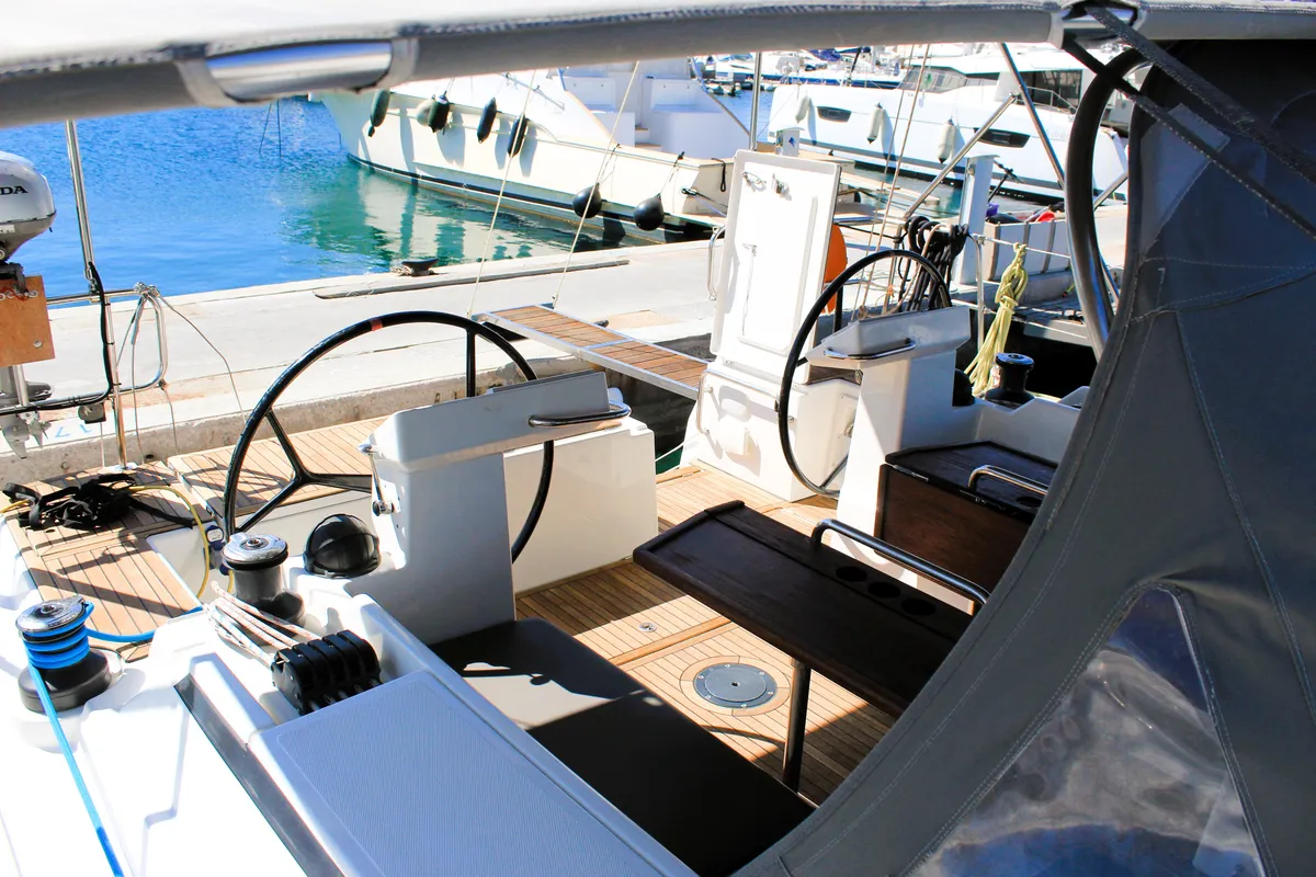 Cockpit of Amaryllis, a Bavaria C45 Style sailboat at Lavrion, Greece