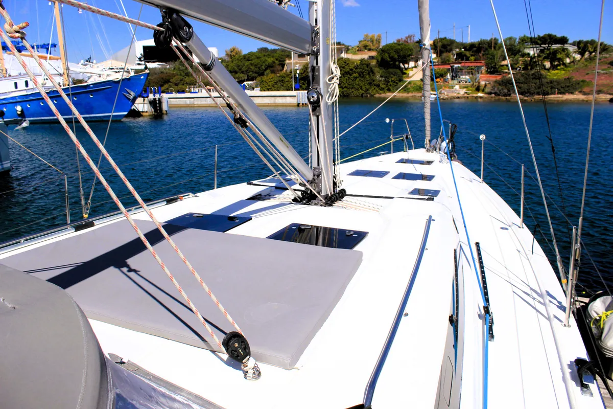 Deck of Amaryllis, a Bavaria C45 Style sailboat at Lavrion, Greece