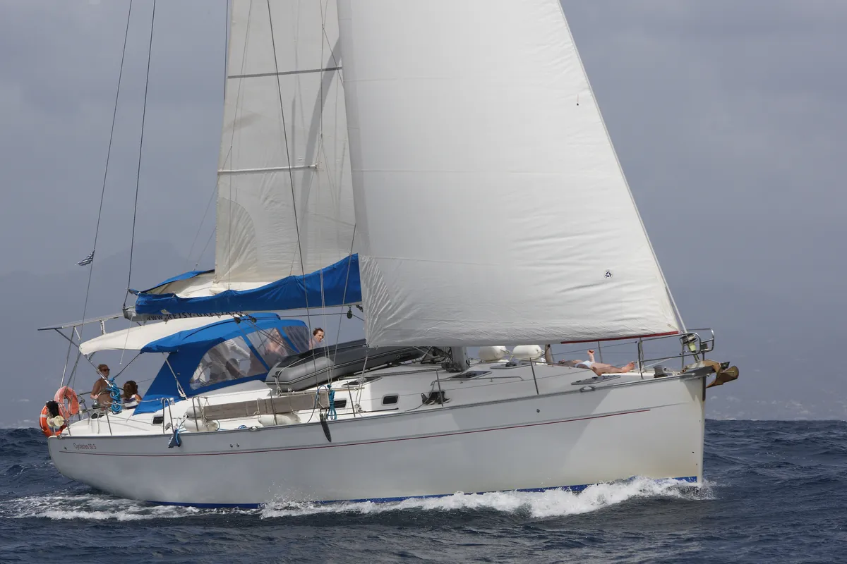 Exterior view of Zorba Cabin 1, a Beneteau Cyclades 50.5 sailboat at Aegina, Greece