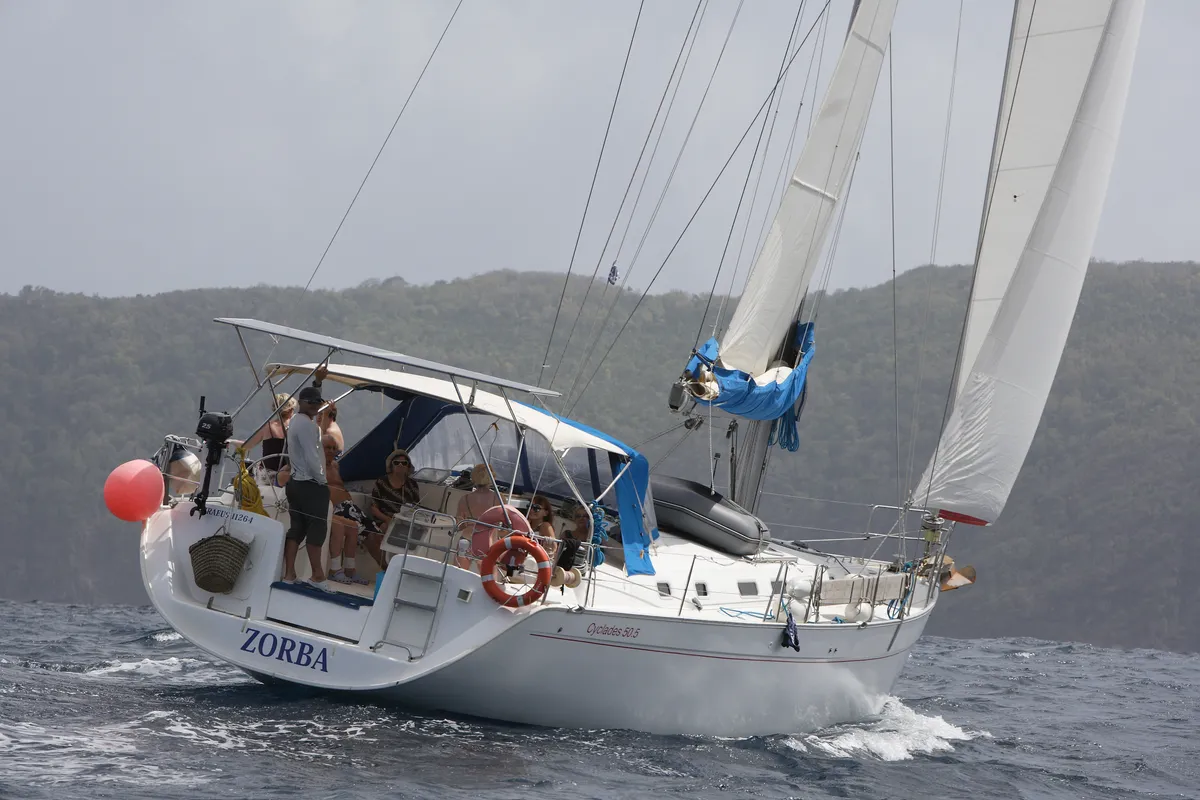 Exterior view of Zorba Cabin 1, a Beneteau Cyclades 50.5 sailboat at Aegina, Greece