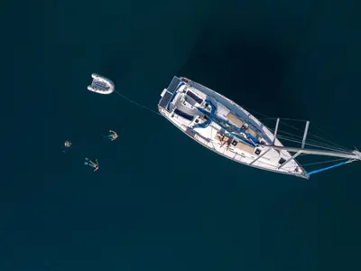 Deck of Zorba Cabin 1, a Beneteau Cyclades 50.5 sailboat at Aegina, Greece