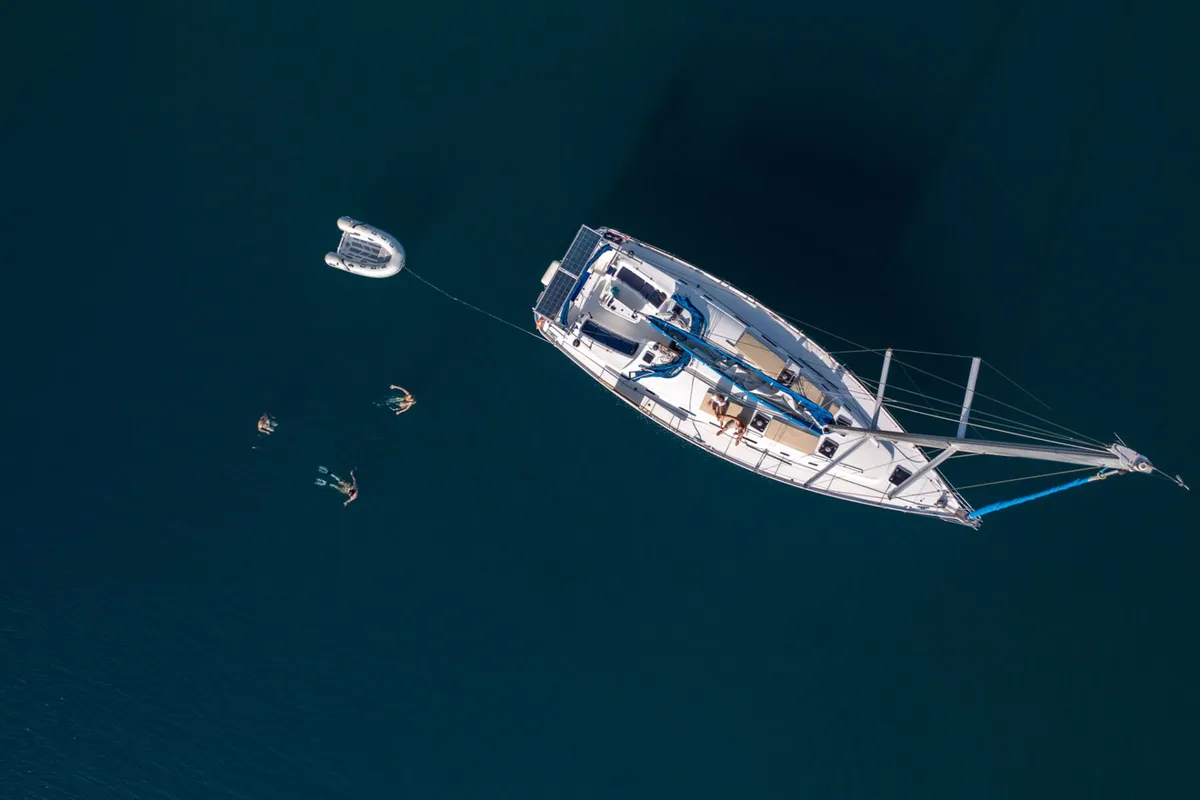 Deck of Zorba Cabin 1, a Beneteau Cyclades 50.5 sailboat at Aegina, Greece