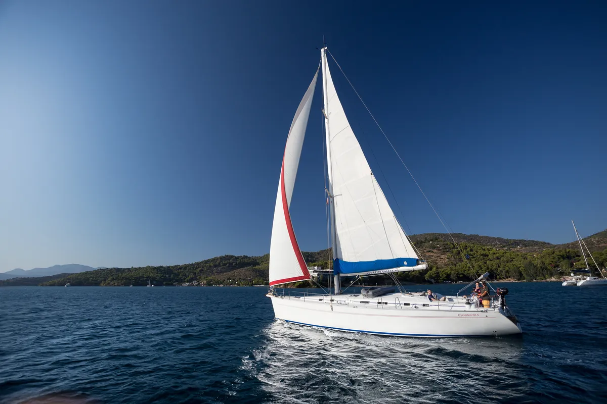 Exterior view of Zorba Cabin 1, a Beneteau Cyclades 50.5 sailboat at Aegina, Greece