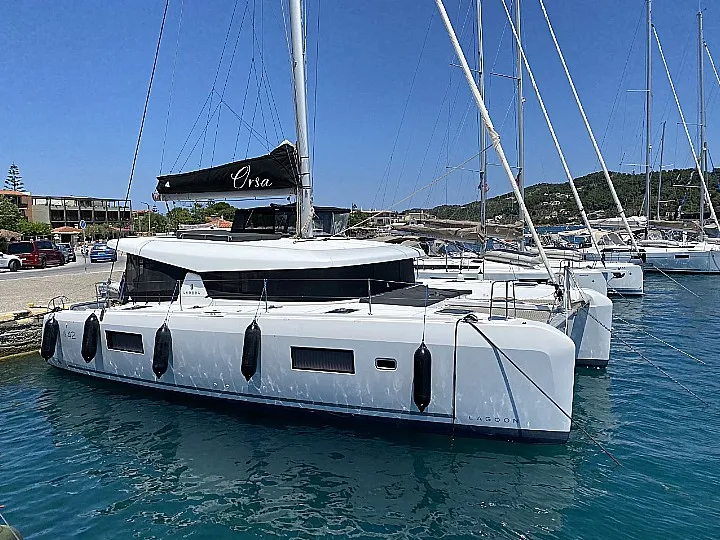 Exterior view of Orsa, a Lagoon 42 - 4 + 2 cab. catamaran at Skiathos, Greece