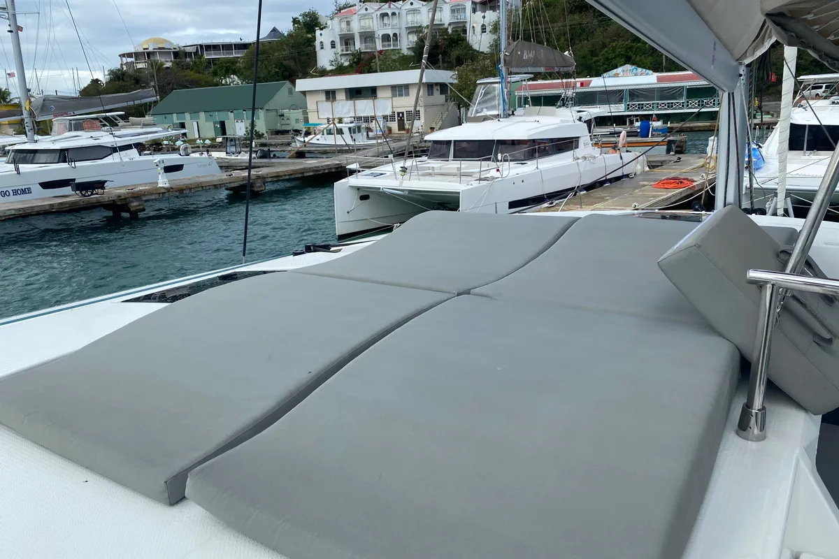 Deck of Love A Fayre, a Fountaine Pajot Astréa 42 catamaran at Road Town, British Virgin Islands