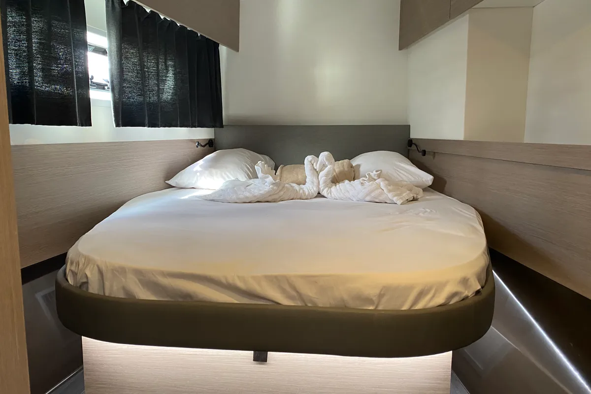 Cabin on Love A Fayre, a Fountaine Pajot Astréa 42 catamaran at Road Town, British Virgin Islands