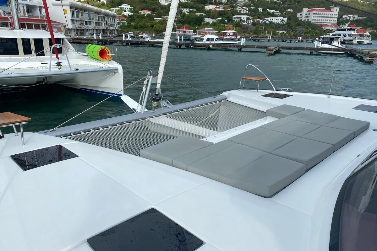 Deck of Love A Fayre, a Fountaine Pajot Astréa 42 catamaran at Road Town, British Virgin Islands