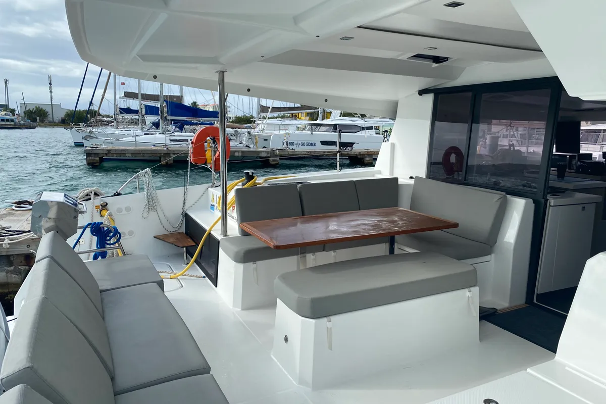 Deck of Love A Fayre, a Fountaine Pajot Astréa 42 catamaran at Road Town, British Virgin Islands