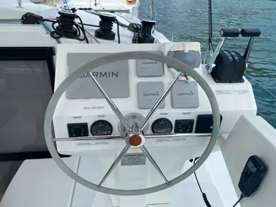 Cockpit of Love A Fayre, a Fountaine Pajot Astréa 42 catamaran at Road Town, British Virgin Islands