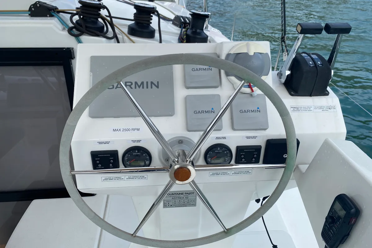 Cockpit of Love A Fayre, a Fountaine Pajot Astréa 42 catamaran at Road Town, British Virgin Islands