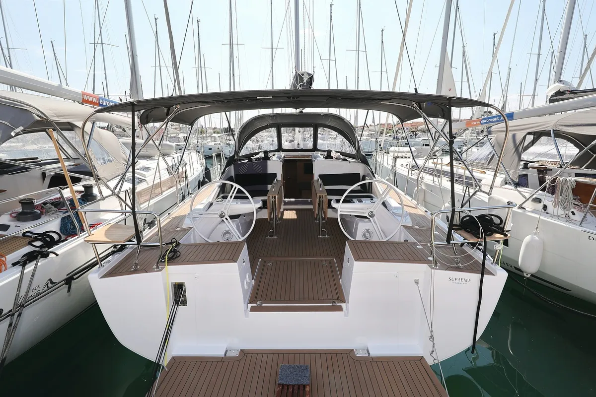 Cockpit of Bava, a Elan Impression 45 sailboat at Grad Biograd na Moru, Croatia