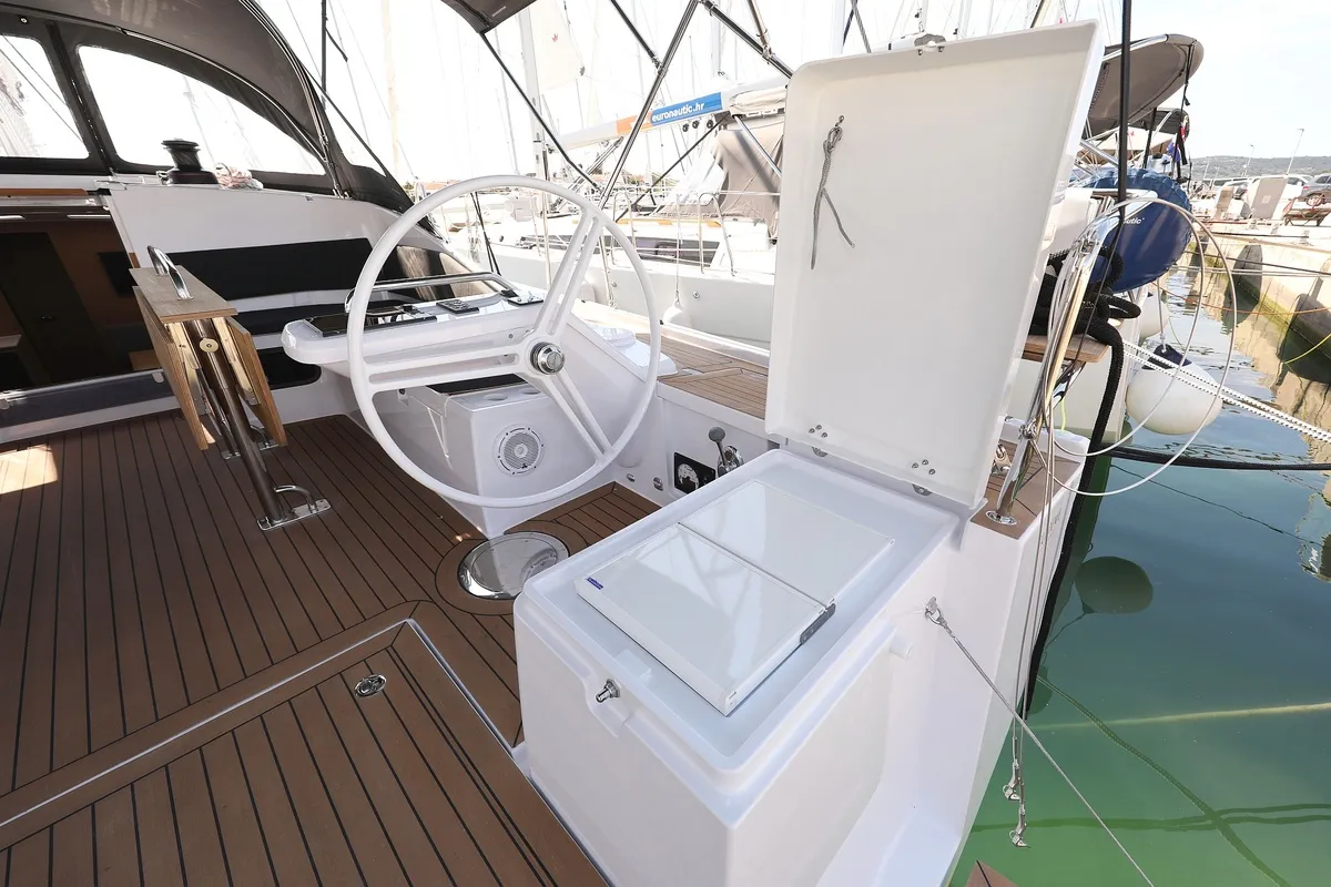 Cockpit of Bava, a Elan Impression 45 sailboat at Grad Biograd na Moru, Croatia