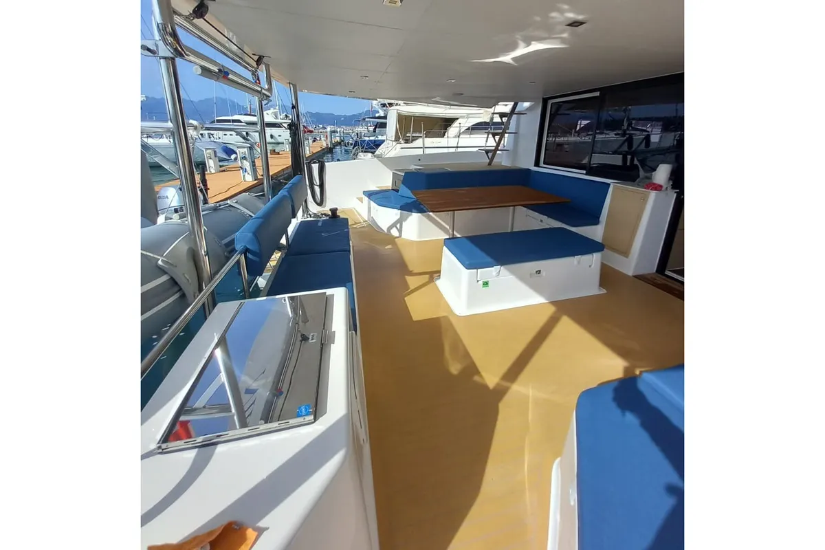 Deck of Niña, a Dufour Catamaran 48 catamaran at Cannigione, Italy