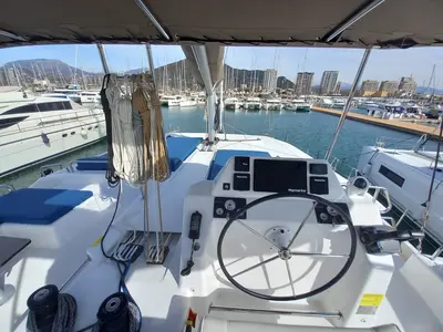 Cockpit of Niña, a Dufour Catamaran 48 catamaran at Cannigione, Italy