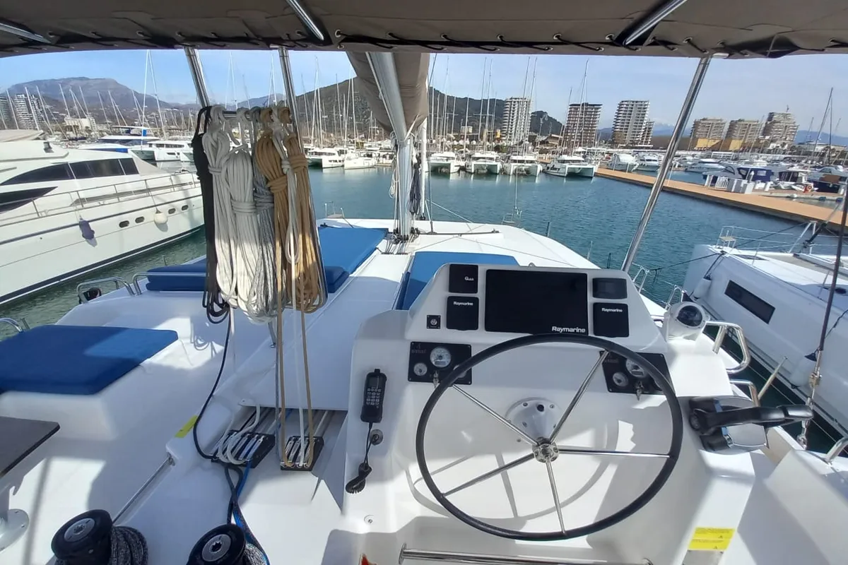 Cockpit of Niña, a Dufour Catamaran 48 catamaran at Cannigione, Italy