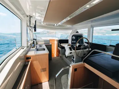 Cockpit of Ivona, a Bavaria E40 Fly motorboat at Seget Donji, Croatia