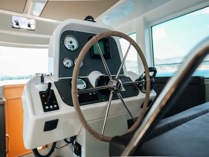 Cockpit of Ivona, a Bavaria E40 Fly motorboat at Seget Donji, Croatia