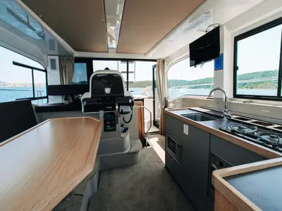 Salon of Ivona, a Bavaria E40 Fly motorboat at Seget Donji, Croatia