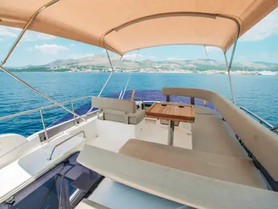 Deck of Ivona, a Bavaria E40 Fly motorboat at Seget Donji, Croatia