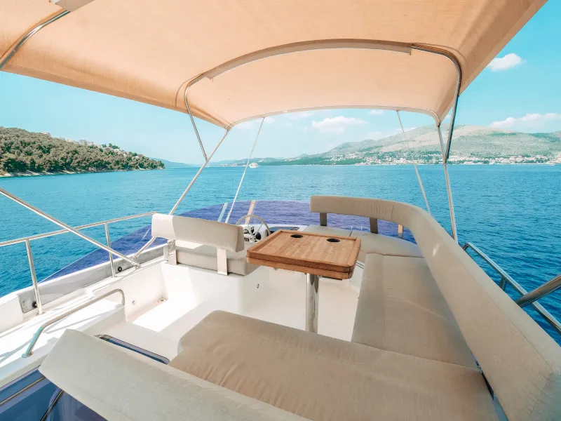 Deck of Ivona, a Bavaria E40 Fly motorboat at Seget Donji, Croatia