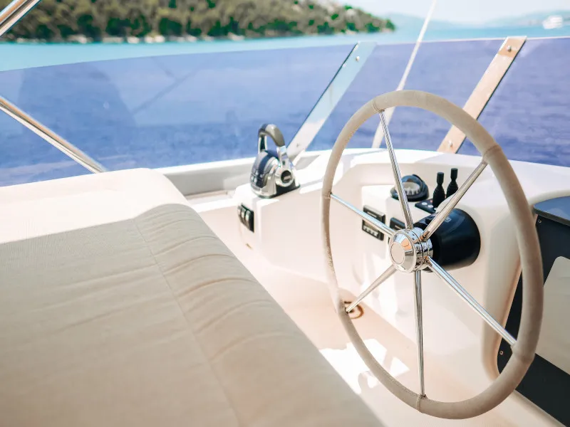 Cockpit of Ivona, a Bavaria E40 Fly motorboat at Seget Donji, Croatia