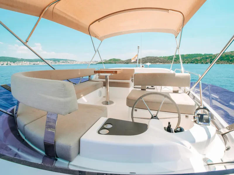 Deck of Ivona, a Bavaria E40 Fly motorboat at Seget Donji, Croatia