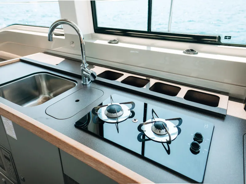 Galley of Ivona, a Bavaria E40 Fly motorboat at Seget Donji, Croatia