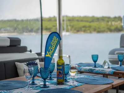 Deck of TIGA GRANDE, a Lagoon 55 catamaran at Šibenik, Croatia