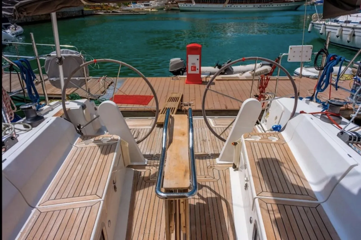 Exterior view of Pina, a Hanse 445 sailboat at Fethiye, Turkey