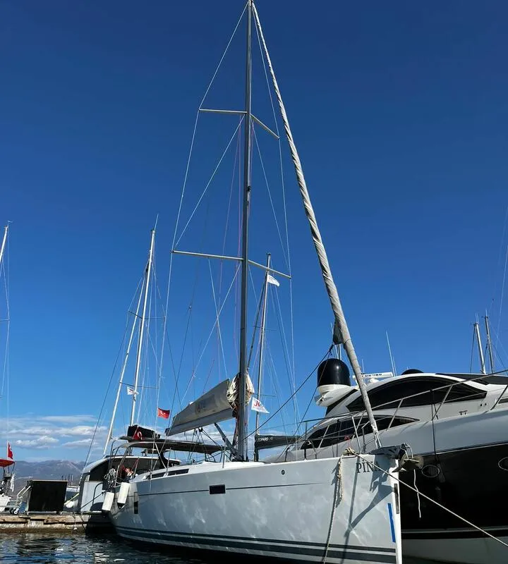 Exterior view of Pina, a Hanse 445 sailboat at Fethiye, Turkey
