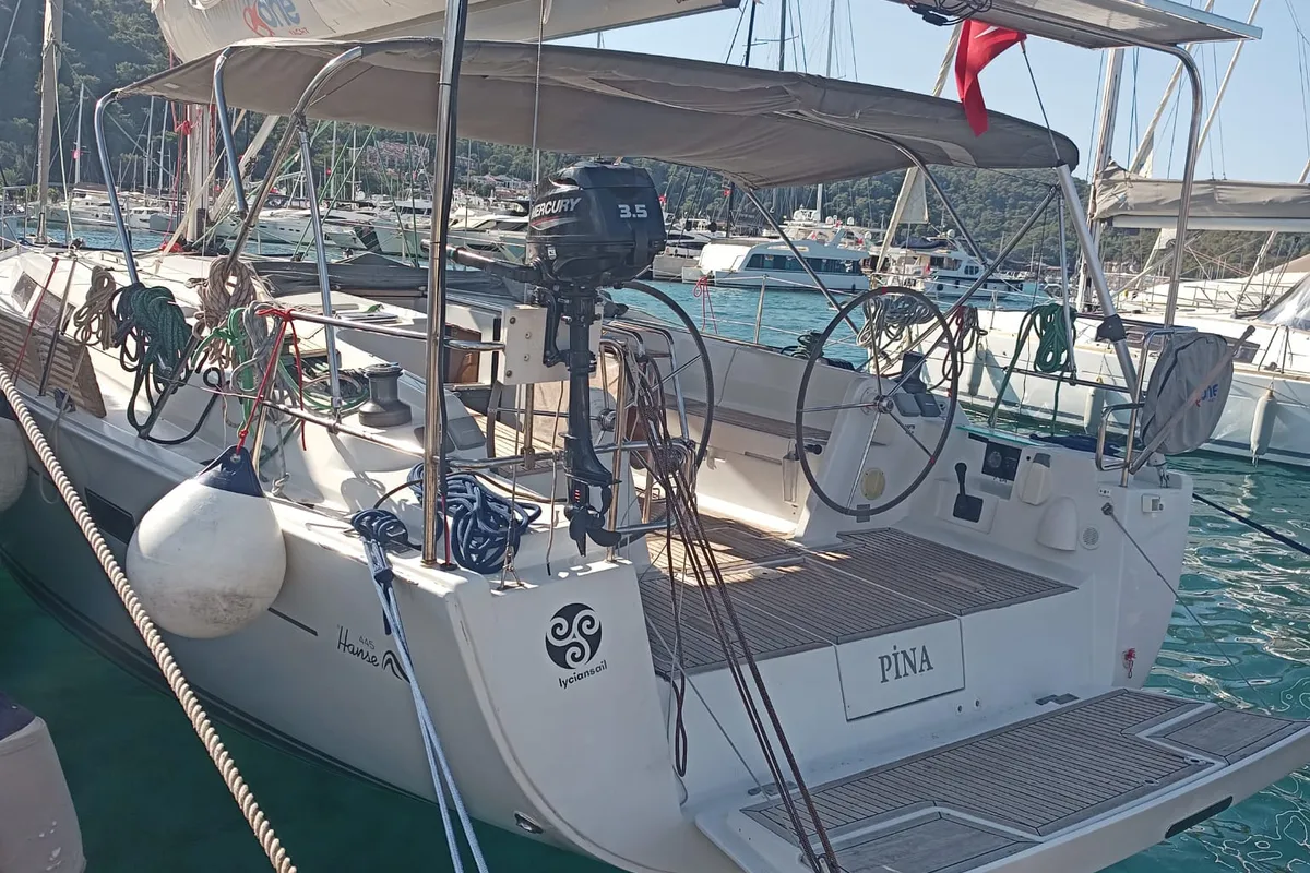 Exterior view of Pina, a Hanse 445 sailboat at Fethiye, Turkey