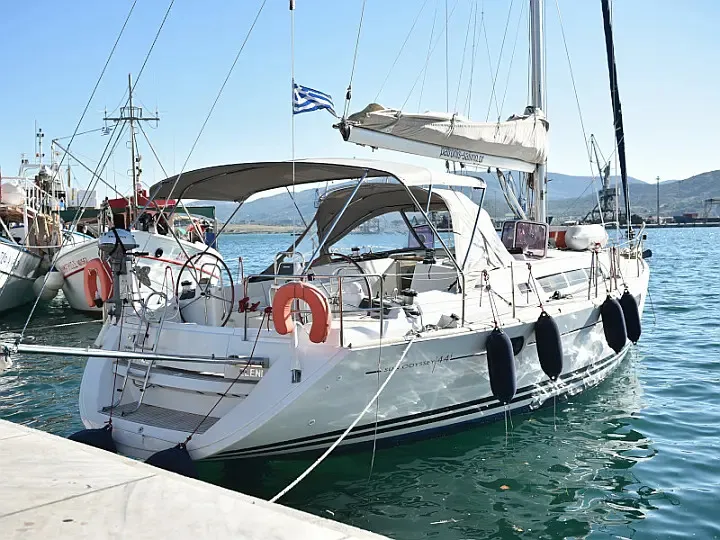 Exterior view of Eleni, a Jeanneau Sun Odyssey 44 i sailboat at Volos, Greece
