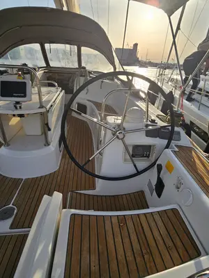 Cockpit of Eleni, a Jeanneau Sun Odyssey 44 i sailboat at Volos, Greece