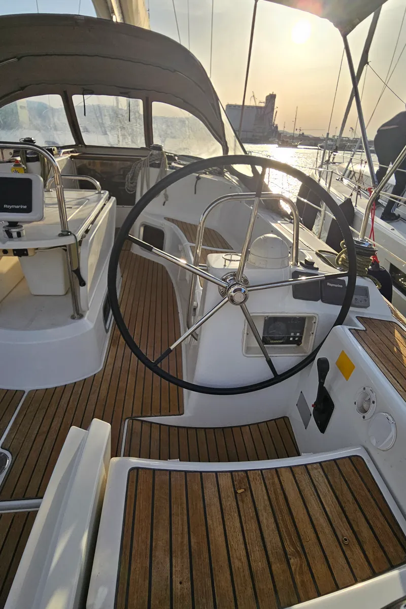 Cockpit of Eleni, a Jeanneau Sun Odyssey 44 i sailboat at Volos, Greece