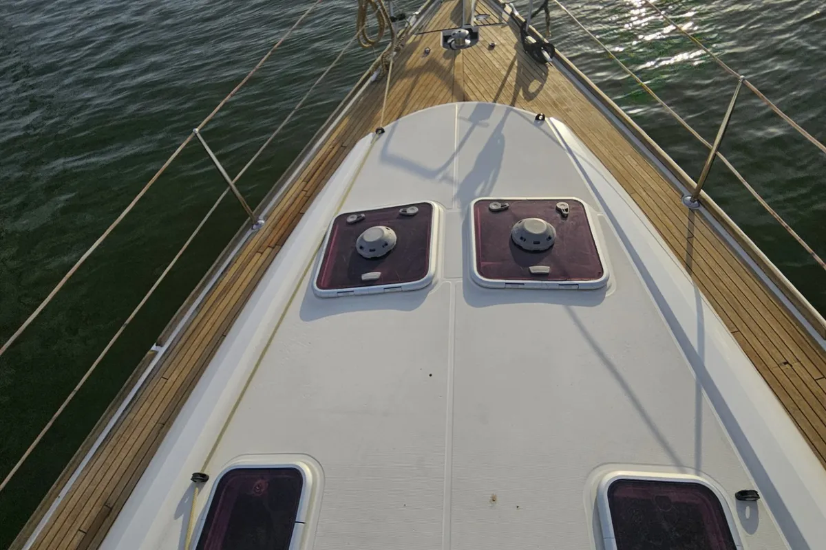 Deck of Eleni, a Jeanneau Sun Odyssey 44 i sailboat at Volos, Greece
