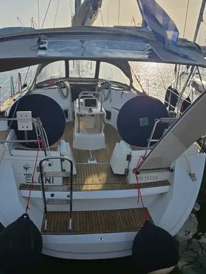 Deck of Eleni, a Jeanneau Sun Odyssey 44 i sailboat at Volos, Greece