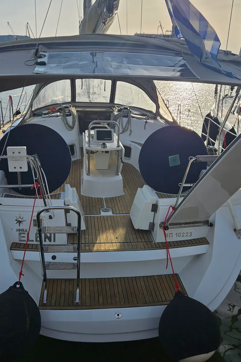 Deck of Eleni, a Jeanneau Sun Odyssey 44 i sailboat at Volos, Greece