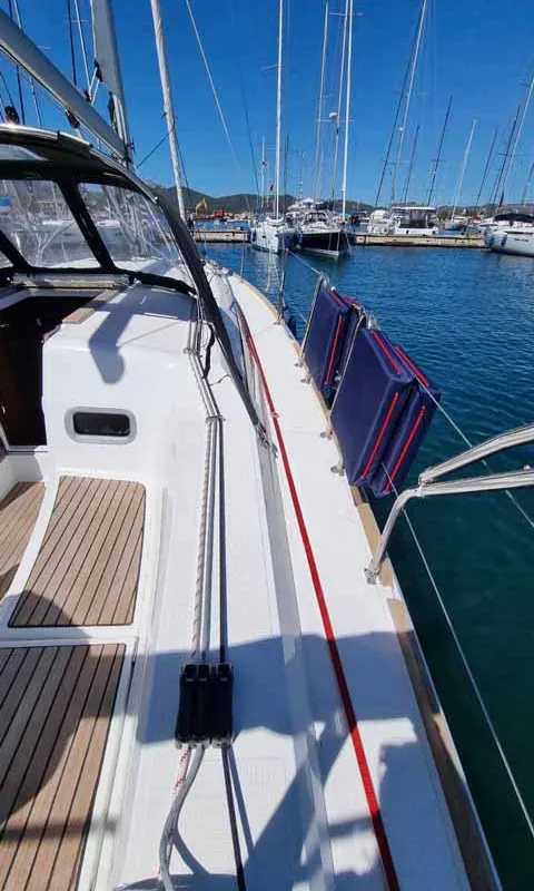 Deck of Capraia, a Jeanneau Sun Odyssey 349 sailboat at Figari/Golfo Aranci, Italy