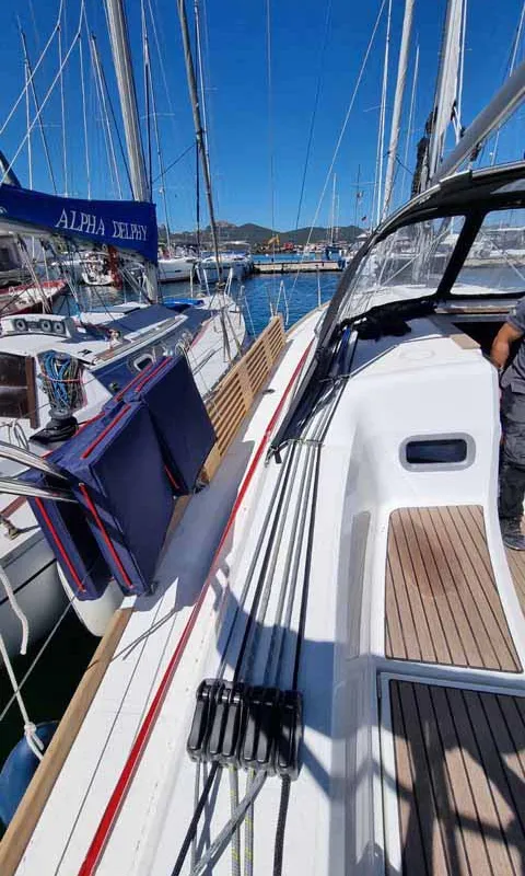 Deck of Capraia, a Jeanneau Sun Odyssey 349 sailboat at Figari/Golfo Aranci, Italy