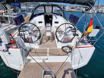 Cockpit of Capraia, a Jeanneau Sun Odyssey 349 sailboat at Figari/Golfo Aranci, Italy