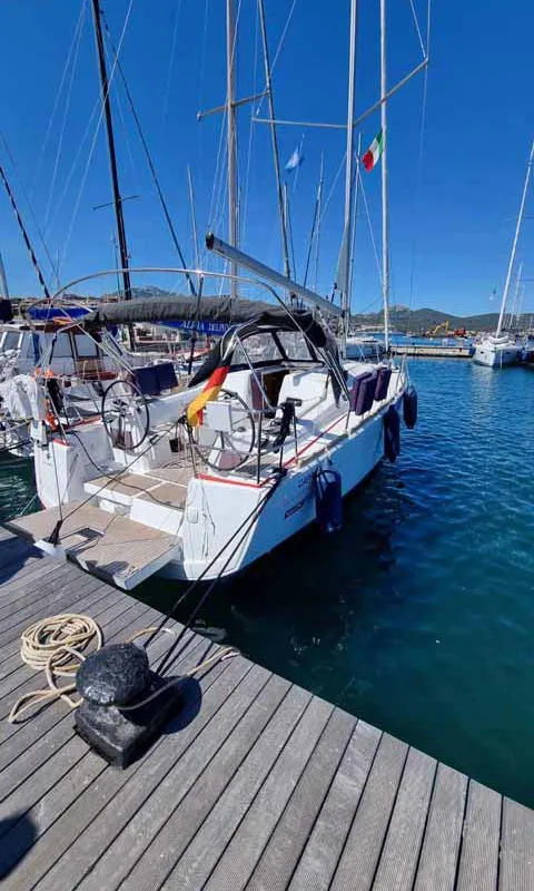 Exterior view of Capraia, a Jeanneau Sun Odyssey 349 sailboat at Figari/Golfo Aranci, Italy