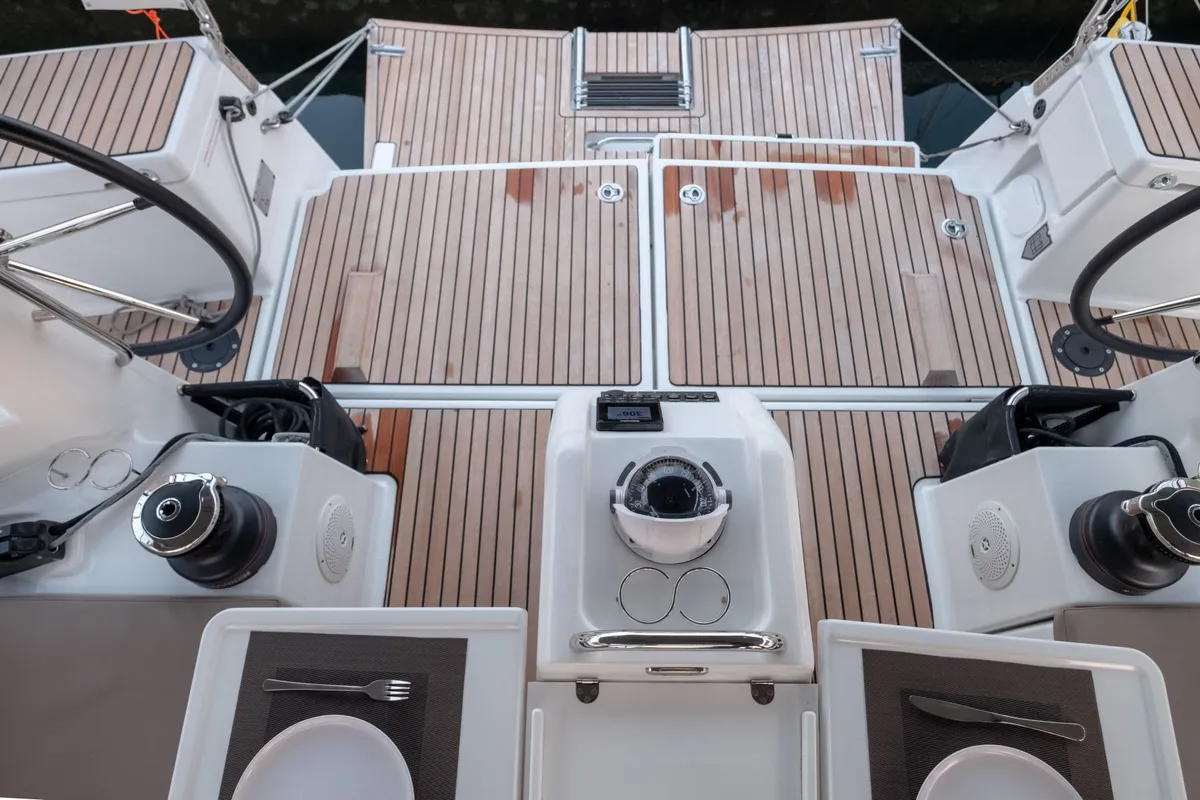 Cockpit of Loleta, a Jeanneau Sun Odyssey 440 sailboat at Municipal Unit of Lefkada, Greece