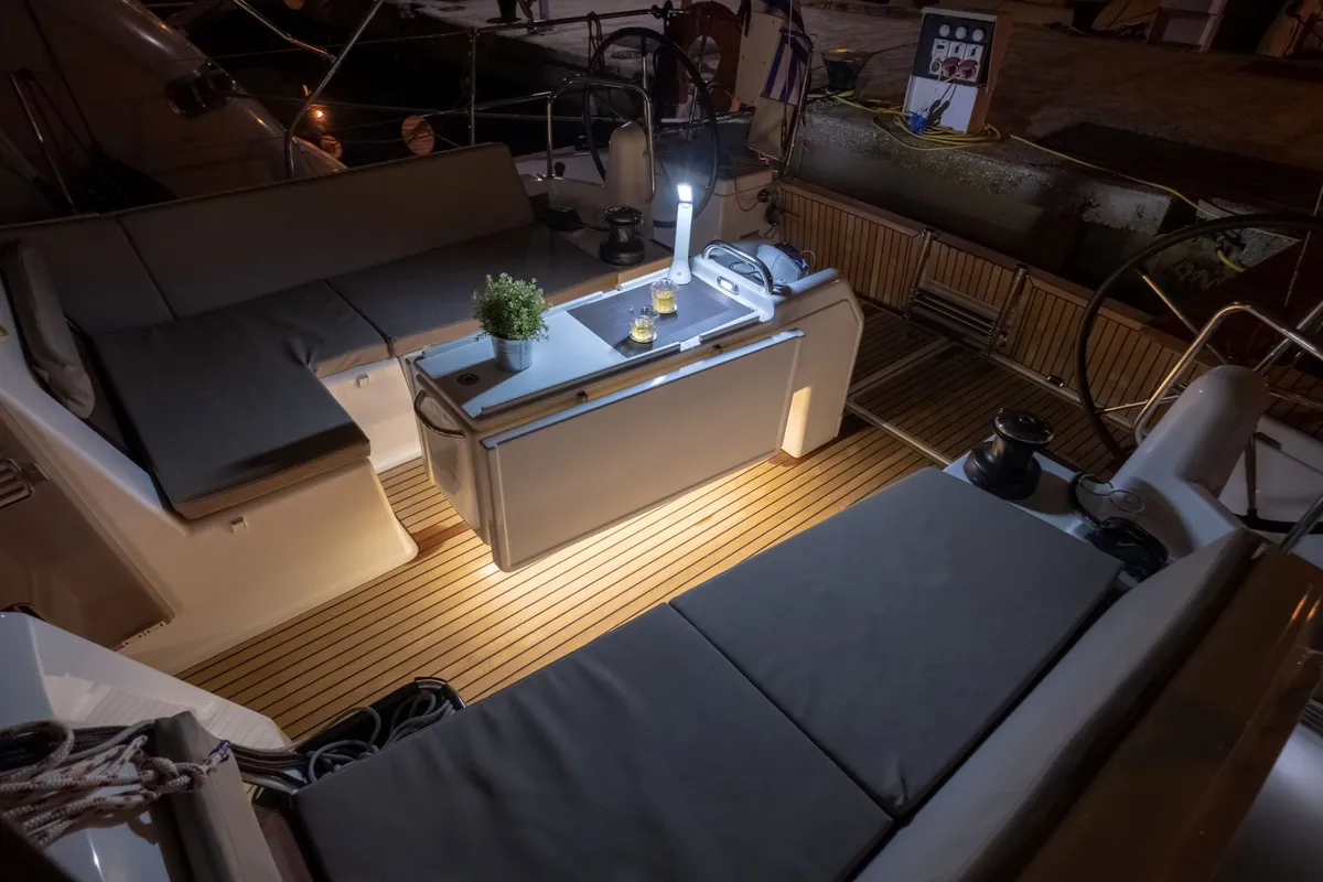 Deck of Loleta, a Jeanneau Sun Odyssey 440 sailboat at Municipal Unit of Lefkada, Greece
