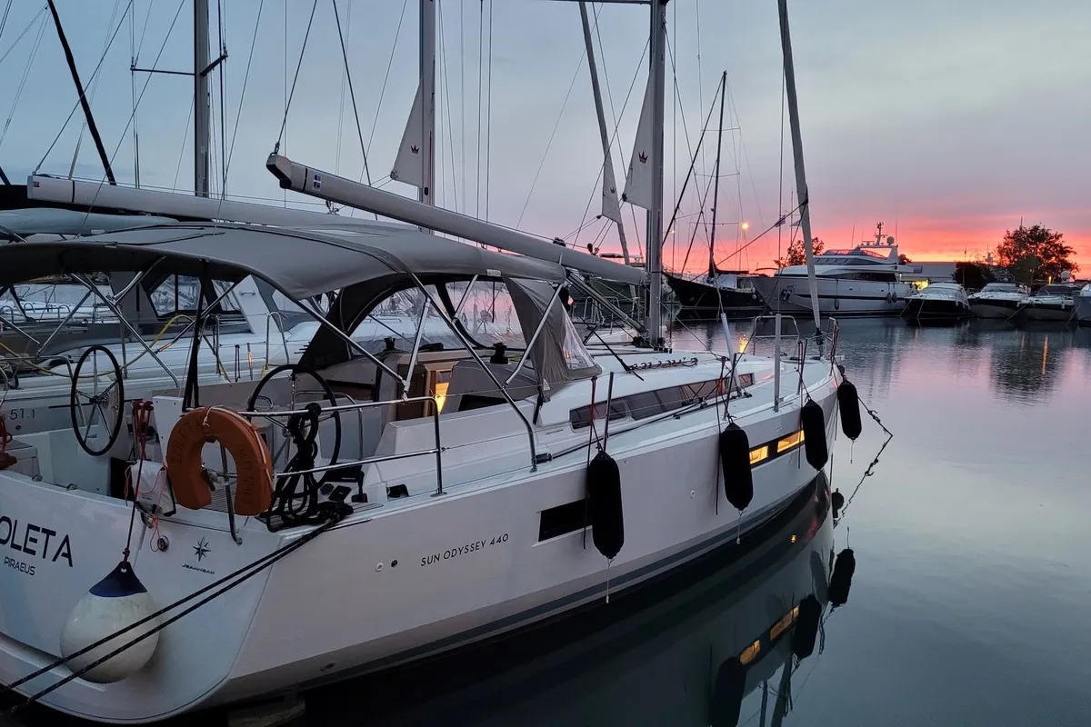Exterior view of Loleta, a Jeanneau Sun Odyssey 440 sailboat at Municipal Unit of Lefkada, Greece