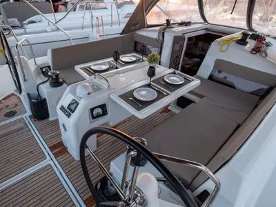 Cockpit of Loleta, a Jeanneau Sun Odyssey 440 sailboat at Municipal Unit of Lefkada, Greece