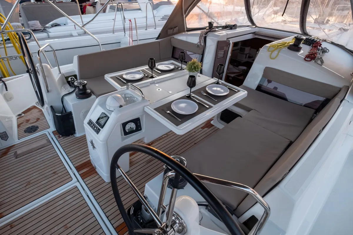 Cockpit of Loleta, a Jeanneau Sun Odyssey 440 sailboat at Municipal Unit of Lefkada, Greece